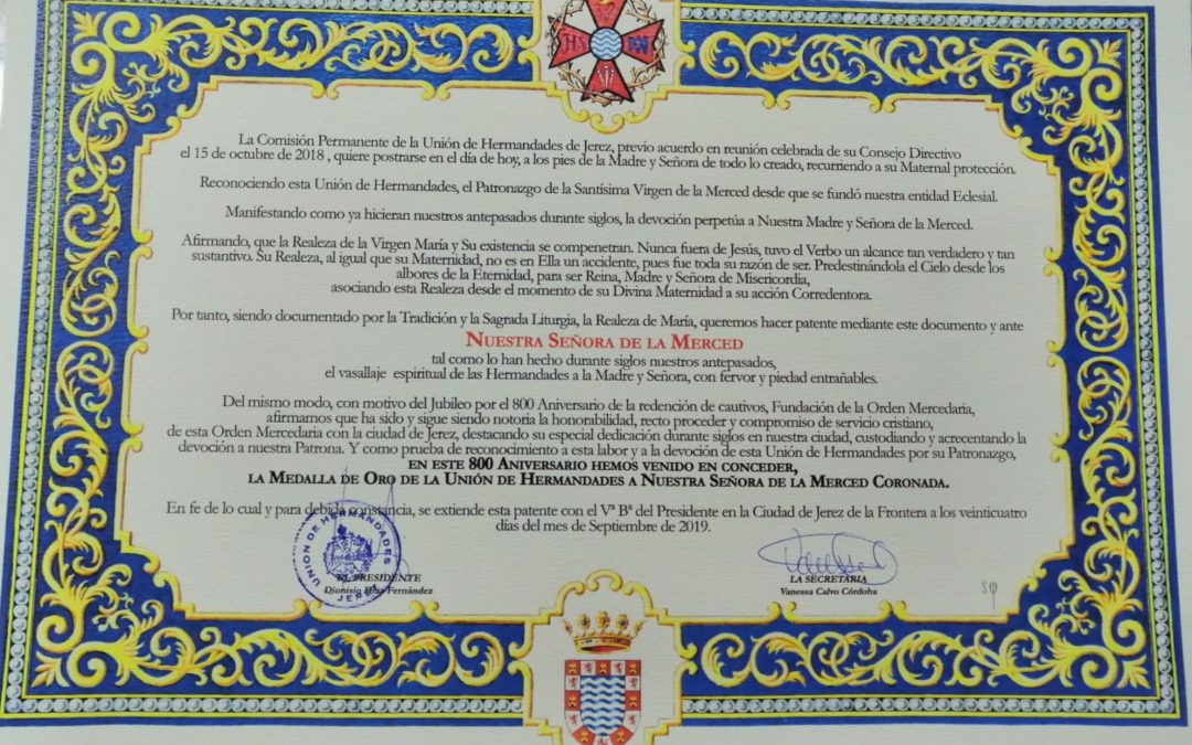 GALERÍA DE FOTOS ENTREGA MEDALLA DE ORO DE LA UNIÓN DE HERMANDADES A LA PATRONA